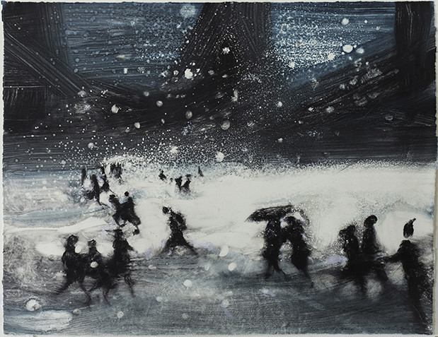 Jacklin, Snow in the Square II, 2019, monotype, 21 1-2 x 27 1-2 in., 54.5 x 70 cm