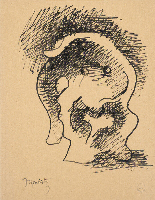 Lipchitz, Hair and Hands (Study for Head around 1932-33), 1930, ink on beige paper, 12 5-8 x 9 3-4 in