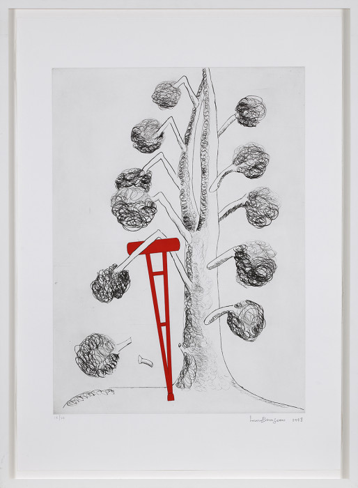 Bourgeois, Untitled (Tree with Red Crutch), 1998, etching with aquatint and drypoint, edition of 28, 39 1-8 x 27 7-8 in., 99.2 x 71 cm