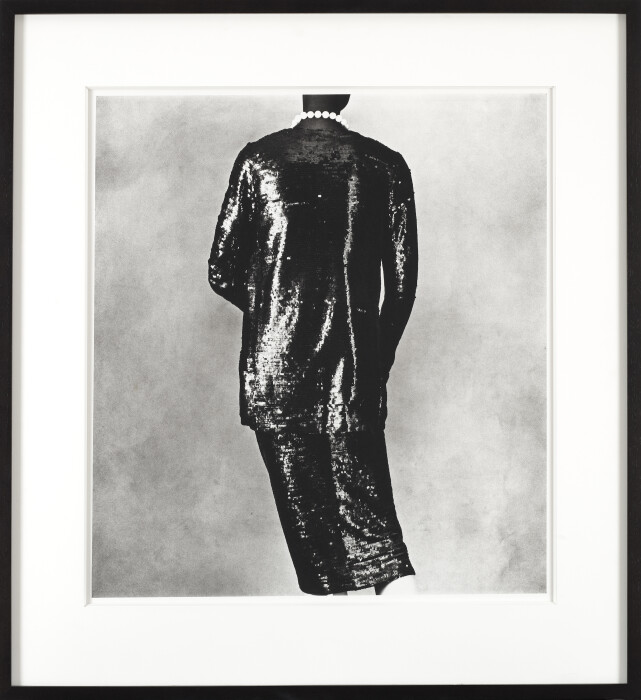 Penn, Chanel Sequined Suit, 1974, edition of 29,platinum-palladium print mounted on aluminum,  52.1 x 47.6 cm, © The Irving Penn Foundation