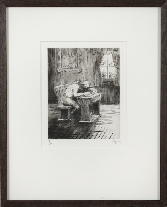 Moore, Girl Doing Homework III, 1974, etching and aquatint, edition of 50, 18 1-2 x 14 1-2 in., 47 x 37 cm