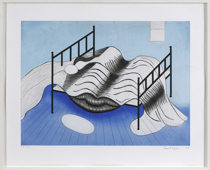 Bourgeois, Le Lit, Gros Édredon, Bleu, 1998, etching with aquatint, drypoint, engraving, and roulette, 25 1-4 x 31 1-2 in., 64.1 x 80 cm