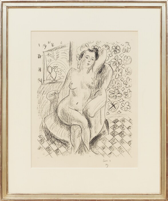 Matisse, Nu au fauteuil sur fond moucharabieh, 1925, lithograph on wove paper, intitialed in pencil and inscribed Essai 4, edition of 10, 21 1-4 x 17 15-16 in, 54x44 cm