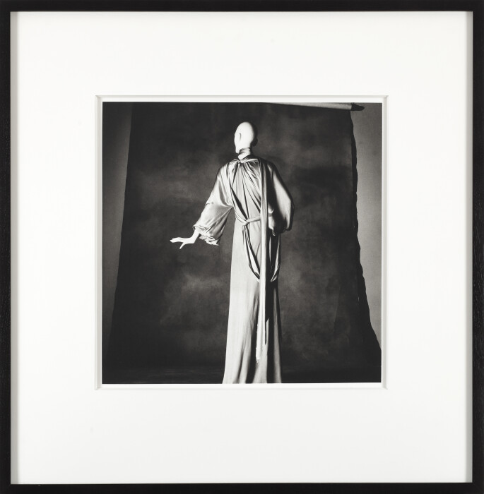 Penn, Vionnet Long Robe, 1974, edition of 25, platinum-palladium print mounted on aluminum, 38.1 x 37.8 cm, © The Irving Penn Foundation