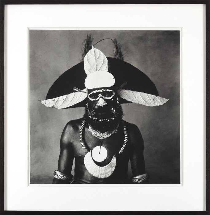 Penn, New Guinea Man with Painted-On Glasses,1970, edition of 50, platinum-palladium print mounted on aluminum, 66 x 55.9 cm, © The Irving Penn Foundation
